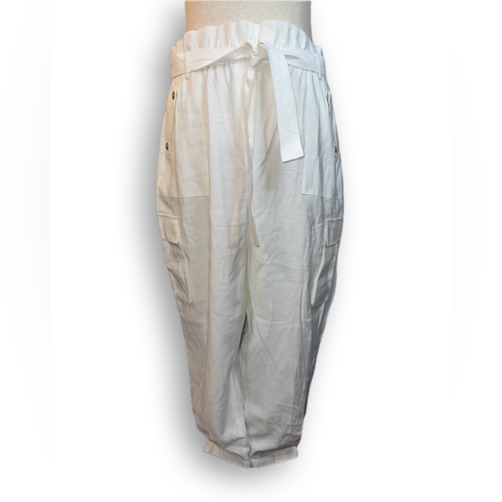 Donna Karan White PaperBag waisted pull on pants tie belt Viscose Summer coastal